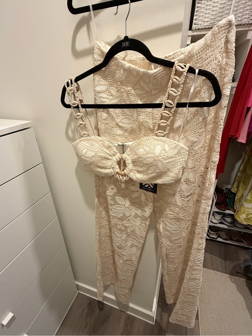 Crochet Lace Bandeau Top & Matching Pants Set — Cream